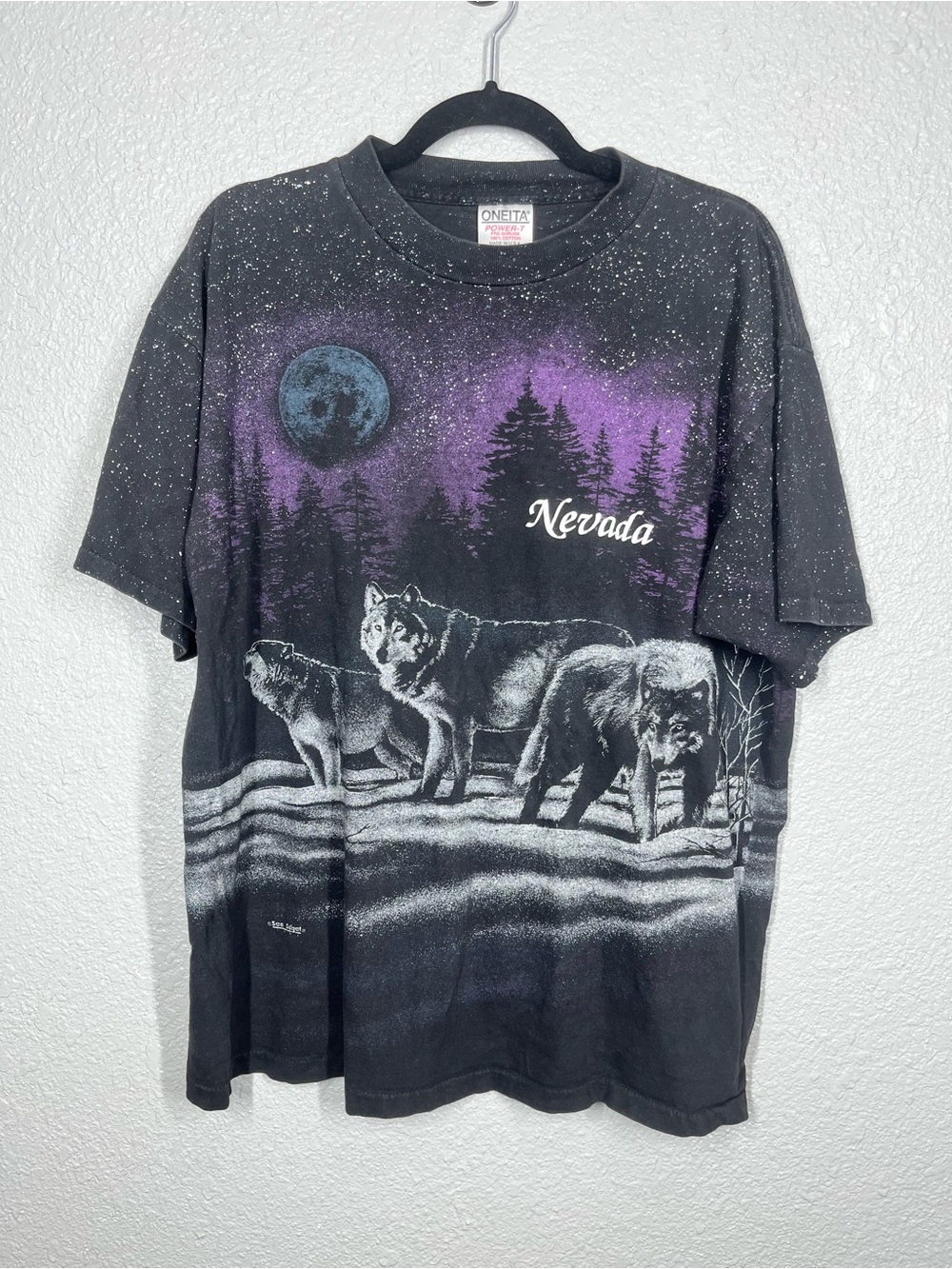 Vintage 1991 Oneita All Over Print Nevada Wolf T-Shirt XL